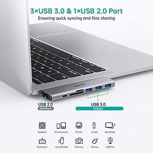Hub type c chia cổng  Dual Type-C 7 in 1 hỗ trợ sạc nhanh 100W cho Macbook / laptop Type-C hiệu CHOETECH M23 ra 3 cổng USB 3.0, 1 cổng USB 2.0, Cổng đọc thẻ SD & Micro SD, sạc nhanh chuẩn Thunderbolt 3 0 - Hàng chính hãng