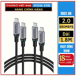Cáp Sạc Choetech XCC-1002  Nhanh 100W Type C to Type C Dài 1.8M (Hàng chính hãng)