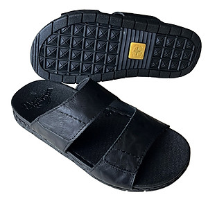 Dép  da Nam quai ngang đế cao 3.5cm Trường Hải may viền da bò thật Màu đen QN155 