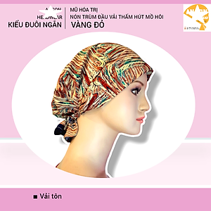 Nón hóa trị vải mềm mát, hút mồ hôi, bệnh nhân ung thư, chemo hat, nón trùm đầu [KIỂU ĐUÔI NGẮN-VÀNG ĐỎ] 