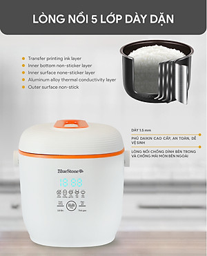 Nồi Cơm Điện Tử BlueStone RCB-5928 - 0.6 Lít - 350W - Điều Khiển Cảm Ứng - Hẹn Giờ - Giữ Ấm - Lòng Nồi 1.5mm - Bảo Hành 2 Năm - Hàng Chính Hãng
