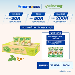Thùng Sữa đậu nành Vinasoy Fami Nguyên Chất ít đường (200ml x 36 Hộp)