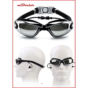 Kính Bơi Người Lớn Nam Nữ Tráng Bạc Cao Cấp - Tặng Kèm Bịt Tai + Hộp Đựng Kính - Hàng Chính Hãng miDoctor - Màu Đen