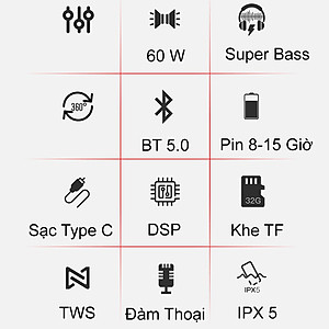Loa Bluetooth 60W công suất lớn Super Bass chống nước IPX5 pin 6600MAH sạc nhanh Type C công nghệ AI Hàng Chính Hãng PKCB