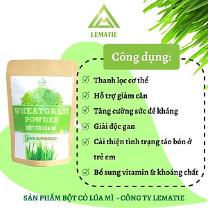 Bột cỏ lúa mì sấy lạnh nguyên chất Lematie (100g) + tặng bình thủy tinh, detox, giảm cân, eat clean, chứng nhận ATVSTP