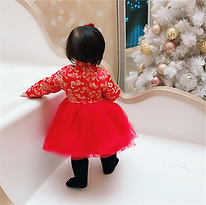 Váy gấm đỏ lót lông bé gái, chất dày dặn đẹp, họa tiết thêu nổi sang chảnh, lông lót mềm ấm, dáng bồng công chúa, có thể mặc sinh nhật, sự kiện, lễ Tết hay mẫu ảnh | MV04