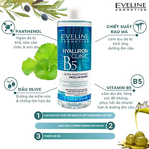 Nước Tẩy Trang Eveline Hyaluron Clinic B5 Và Tinh Chất Rau Má Làm Dịu, Dưỡng Ẩm Phục Hồi Da 500ML