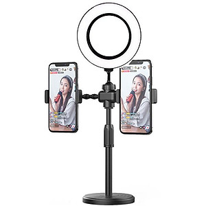 Đèn led livestream mini 16cm để bàn tích hợp 2 giá đỡ điện thoại kiểu chữ T- Hàng chính hãng