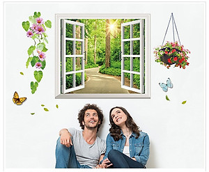 Decal dán tường Cửa sổ con đường xanh (58 x 103 cm)