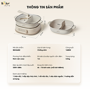 Nồi Lẩu 2 Ngăn Bear Đa Năng Nhiều Chế Độ Nấu Lẩu Hầm Ninh Chiên Rán Xào Chống Dính Cực Tốt Kháng Khuẩn 99,99% - SB NL60U HÀNG CHÍNH HÃNG