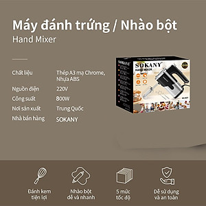 Máy đánh trứng cầm tay SOKANY 800W có 5 tốc độ điều chỉnh chuyên dụng SK-6621- Hàng chính hãng