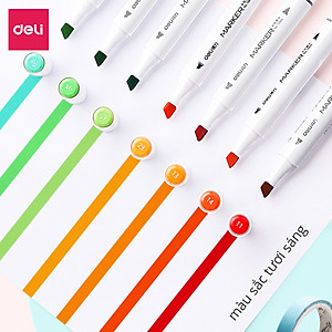 Bút màu marker thân tròn hai đầu ngòi brush Deli - Marker hộp nhựa - 12/ 24/ 36/ 48/ 60 Màu - 70804
