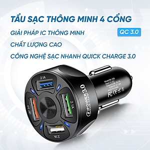 Tẩu Sạc Nhanh Thông Minh Quick Charge 3.0 | Tẩu Sạc Nhanh Thông Minh 4 Cổng USB Công Nghệ Sạc Nhanh Quick Charge 3.0, Tương Thích Nhiều Thiết Bị, Ổn Định Dòng Sạc