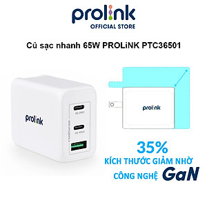Củ sạc nhanh 65W PROLiNK PTC36501, 3 cổng (USB-A QC 3.0 & 2USB-C PD 3.0) IntelliSense, dùng cho điện thoại, iPad, Laptop - Hàng chính hãng