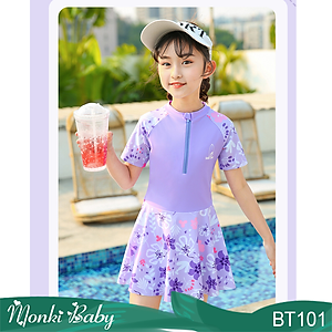 Áo tắm liền thân dáng váy bé gái, quần đùi liền trong váy, chất thun bơi lạnh co giãn tốt, chống nắng nhanh khô, màu sắc họa tiết nữ tính, size từ 10-40kg | BT24