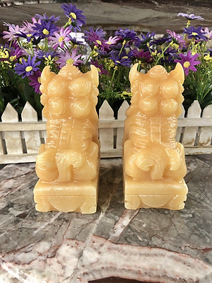 Cặp Kỳ Lân phong thủy gác cổng đá ngọc hoàng long - Cao 15 cm