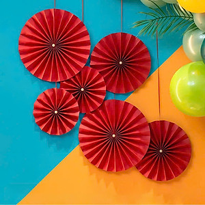 Set 6 Quạt Giấy Đỏ Đính Ngọc Dán Tường Trang Trí Tết