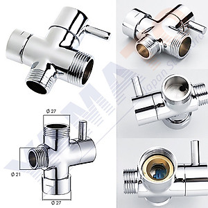 Bộ chuyển đổi vòi hoa sen | Van nối 3 cổng cho vòi hoa sen | Bộ chuyển hướng 3 chiều | chuyển đổi 2 khớp | T chuyển đổi  đầu vào 1 đầu ren trong Ø27mm (3/4") – đầu nước ra 1 đầu ren ngoài Ø27mm (3/4") và 01 đầu ren ngoài Ø21mm (1/2")