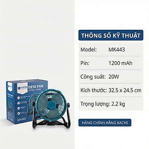 Quạt Để Bàn Tích Điện Kachi MK443 – Gió Turbo Mạnh Mẽ, Xoay 360 Độ, Thiết Kế Di Động Đa Năng - hàng chính hãng