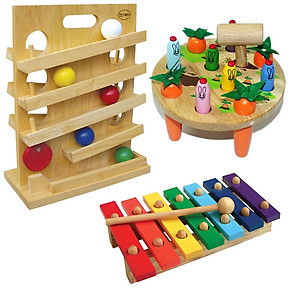 Combo đồ chơi gỗ phát triển trí tuệ cho bé (trò chơi lăn banh, búa đập thỏ, đàn mộc cần 7 thanh)