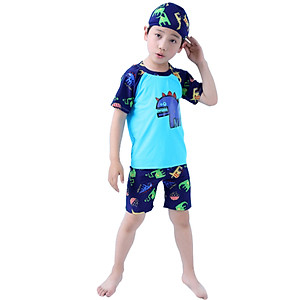 Bộ Đồ Bơi Khủng Long Xanh Dành Cho Bé Trai CaoTừ 85cm - 125cm chất vải Polyeste thân thiện với trẻ em, mau khô, thấm hút mồ hôi tốt, thiết kế thời trang bắt mắt - Tặng kèm nón bơi vải cùng màu