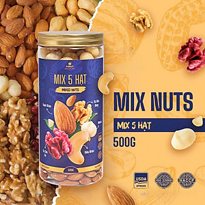 Hạt mix 5 loại hạt dinh dưỡng ( Hạt macca, quả óc chó vàng, quả óc chó đỏ, hạnh nhân, hạt điều )