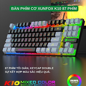 Bàn phím giả cơ gaming XUNFOX K10 - Bàn phím có dây công thái học 87 phím LED Rainbow - Hàng nhập khẩu