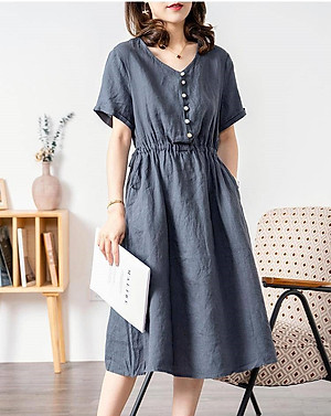 Đầm linen dáng suông cổ V , Đầm sơ mi ngắn tay nhún eo, mặc đi chơi, đi làm Haint Boutique Da173
