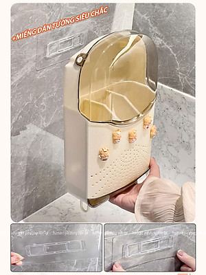 Hộp Đựng Đũa Thìa Treo Tường Có Nắp Đậy Khay Thoát Nước 3 Móc Nhựa Treo Đồ Kèm Miếng Dán Siêu Dính