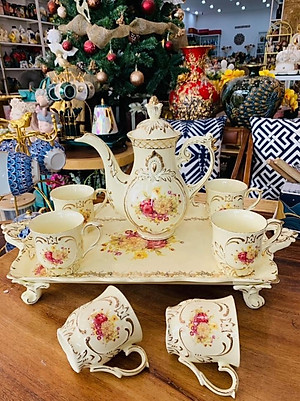 Bộ bình trà sứ phong cách hoàng gia cổ điển màu trắng ngà họa tiết hoa cúc - ANTH603