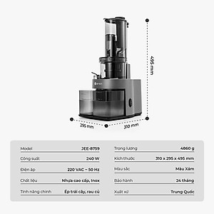 Máy ép chậm Elmich JEE-8759, công suất 240W mạnh mẽ ép kiệt bã, giữ lại chất dinh dưỡng và hương vị trong trái cây,độ ồn dưới 58dB, ép kiệt tới 98% - Hàng chính hãng