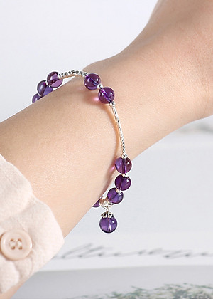 Vòng tay đá thạch anh tím phối charm bi bạc mệnh hỏa, thổ - Ngọc Quý Gemstones