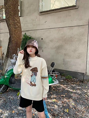 Áo len cho bé gái 8-16 tuổi dáng dài, Áo len lông thỏ trẻ em cao cấp hình đáng yêu xuất Hàn đanh sợi không bai xù