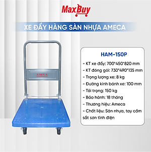 Xe Đẩy Hàng 4 Bánh Ameca HAM-150P- Sàn nhựa, Khung Thép, Giảm ồn, Gấp gọn, tải trọng 150kg