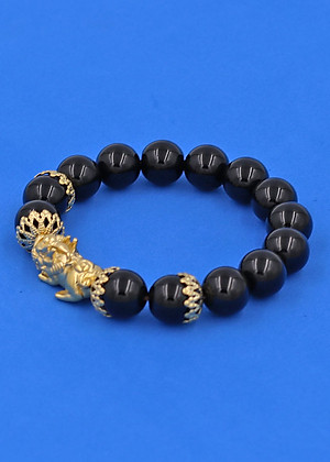 Vòng đeo tay đá Thạch Anh Đen 12 ly - Vòng tay Tỳ Hưu Phong Thủy Chiêu Tài Lộc inox vàng VTAETHBKV12