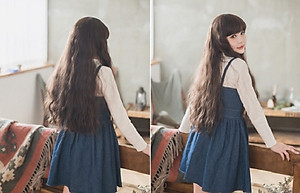 Tóc giả nữ nguyên đầu giống hình tương đối 90%, mái ngang, xoăn đẹp (tặng kèm 1 cái lưới trùm tóc)