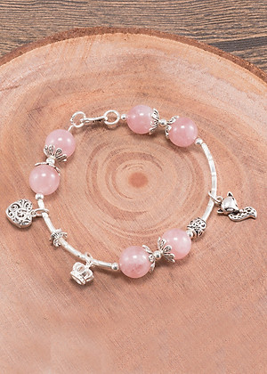 Vòng tay thạch anh hồng phối charm hồ ly bạc (10mm) Ngọc Quý Gemstones