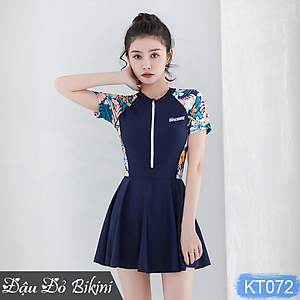 Đồ bơi liền thân quần váy nữ, có mẫu dài tay, khóa kéo trước phong cách thể thao, áo sẵn đệm ngực, chất thun bơi dầy mát lạnh | KT072