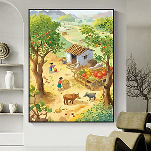 Tranh thêu kín Phong cảnh làng quê, kích thước 50 x 60 cm