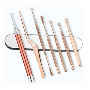 Bộ 7 Dụng Cụ Lấy Ráy Tai Có Đèn LED Bằng Thép Không Gỉ Màu Vàng Hồng Chất Lượng Cao  