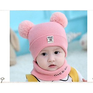 Set khăn + mũ len 2 quả bông cho bé