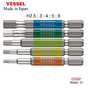 Bộ 05 cái mũi vặn vít đầu lục giác GS5P chuôi lục giác H = 6,35mm Vessel (Nhật Bản)