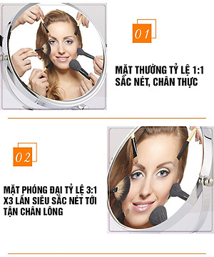 Gương trang điểm phóng đại 3 lần, xoay 360 độ, 2 mặt siêu nét, để bàn, Inox 304, Size 18cm, 20cm, Minh House G31