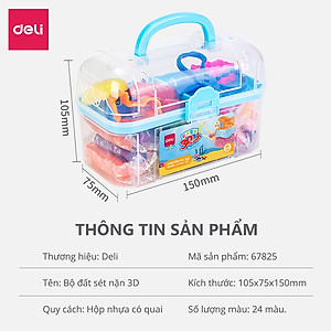 Bộ đất sét nặn 3D Deli 24 màu - Chất liệu an toàn cho trẻ nhỏ, màu sắc tươi sáng đa dạng, kèm phụ kiện khuôn nặn - 67825