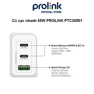 Củ sạc nhanh 65W PROLiNK PTC36501, 3 cổng (USB-A QC 3.0 & 2USB-C PD 3.0) IntelliSense, dùng cho điện thoại, iPad, Laptop - Hàng chính hãng
