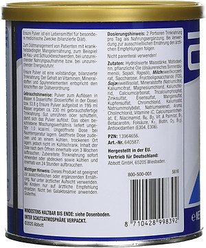 Sữa bột Ensure Vanille Geschmask, Ensure Đức cho người lớn tuổi, hồi phục sức khỏe cho người gầy yếu, người suy dinh dưỡng 400gr/hộp