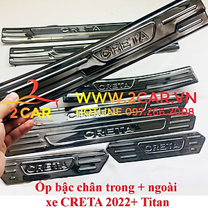 Ốp bậc cửa, nẹp bước chân trong, ngoài xe Hyundai Creta 2022- 2023 chất liệu Titan cao cấp