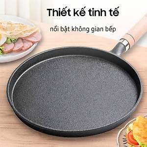 Chảo Gang Tròn Chống Dính Size 20-26Cm Cán Gỗ Chống Bỏng Đổ Bánh Xèo Chiên Trứng Dùng Cho Mọi Loại Bếp