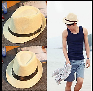 Mũ phớt nam thời trang Mũ nón phớt cói đa da cho nam màu kem