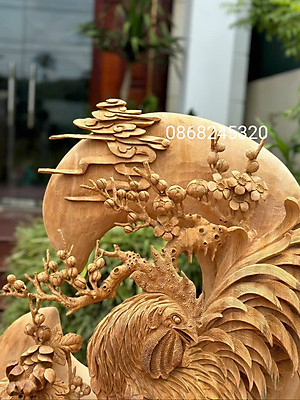 Tượng gia đình gà phong thủy bằng gỗ ngọc am kt 86×66×37cm 